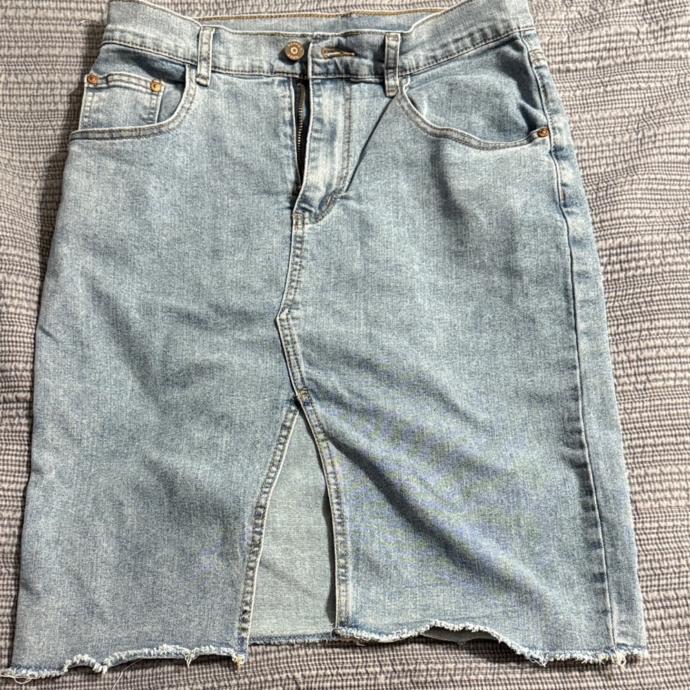 Happily Grey Light Blue Denim Jean below the knee Skirt with Front Slit